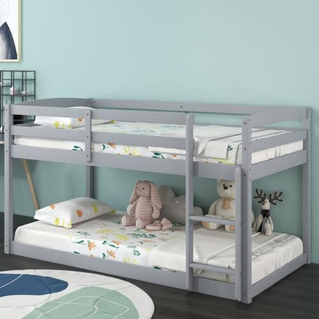 KOMFOTT Low Bunk Bed Twin Over Twin, Solid Wood Bunk Bed Frame with Built-in Ladder & Safety Guardrails, Space-Saving Low Bunk Bed for Kids, Teens, No Box Spring Needed KOMFOTT