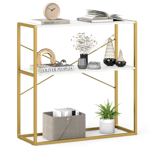 GOFLAME 2-Tier Entryway Table, 36” Console Table with Open Storage Shelf, Faux Marble Top & Metal Frame, Modern Narrow Long Behind Sofa Tables for Living Room, Hallway, Entry, White & Gold GOFLAME