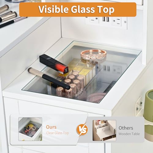 Pamapic Glass Top Sliding Mirror Vanity Desk with Lights, Makeup Vanity with Jewelry Storage, 3 Drawers, 12 Compartments, Golden Handles, 3 Color Dressing Table with Charging Station, Bedroom, White Pamapic
