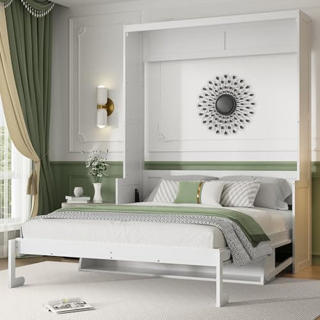 PVWIIK Murphy Multifunctional Bed Frame with Storage Shelf & Support Plate for Adult,Girls,Boys,Queen Size Murphy Bed,Wood Hidden Wall Bed Space-Saving Cabinet,White PVWIIK