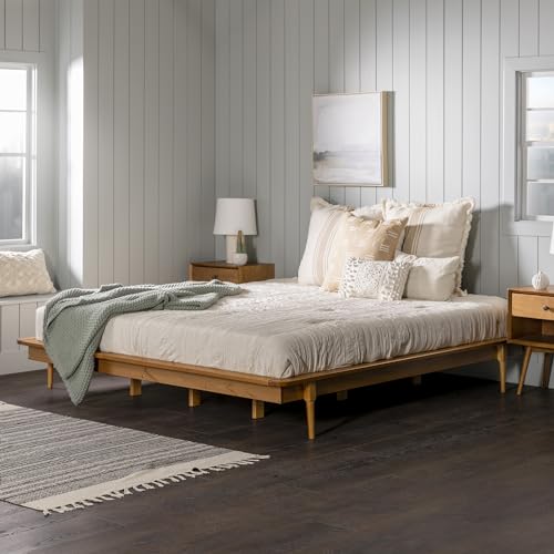Mid Century Modern Caramel Solid Wood Platform Bed Frame with Headboard and Footboard, King Size Walker Edison