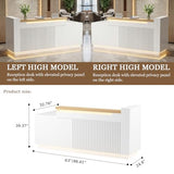 63" L-Shaped Front Desk with Built-in Outlets, Modern Reception Desk with LED Lights & Counter, White Checkout Counter with Lockable Drawers and Storage Shelves for Office, Salon, Retail and Lobby