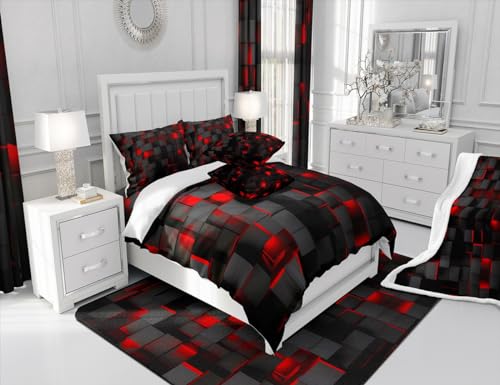 Feelyou Red and Black Bedding Set Queen Size Light Geometric Comforter Set for Kids Boys Girls Decor Comforter Modern Duvet Set Feelyou