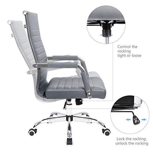 KaiMeng Ribbed Office Desk Mid Back Computer Chair Height Adjustable Conference Executive Task Swivel PU Leather (Grey)
