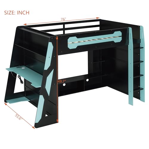 KLMM Modern Full Size Wood Gaming Loft Bed with Desk and Charging Station, Multi-Storage Shelves and LED,for Kids Teens Adults Bedroom Use (Cloud Blue#RGB, Full) KLMM