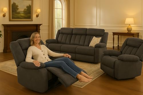LUCKLIFE Recline Sofa Set with Manual Recliners,Living Room Furniture Set with Reclining Couch,Loveseat and Armchair,Breathable Fabric Upholstery,Thick Cushions and Ergonomic Design,Dark Gray,3+1+1 LUCKLIFE