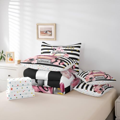 Erosebridal Pink Fashion Comforter Set with Sheets Full for Girls Girly Modern Inspirational Quotes Women Abstract Black White Stripes Bed in a Bag Books Floral Perfume Makeup 7 Piece Bedding Set Erosebridal