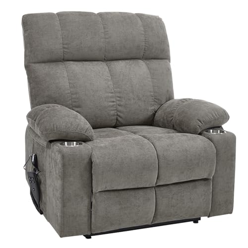 RHHVVR Oversized Recliner Electric Lift Chair, Power Lift Recliner for Big and Tall, 180° Lay-Flat and Assisted Standing, Extra Large Sofa with 8-Point Massage & Heating, Medium-Soft, Gray