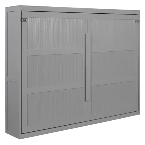 FUvellamo Queen Size Murphy Bed with LED Lights, Wood Space-Saving Hidden Folding Bed Chest, Wall Bed Frame for Small Space, Gray FUvellamo