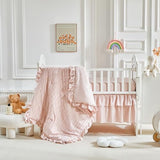 3 Pieces Tufted Stripes Crib Bedding Set with Ruffle Fringe, Pink Ruffled Comforter with Fitted Sheet and Bed Skirt , Soft and Embroidery Shabby Chic Boho Bohemian Jacquard Design for Baby Girls Boys Flysheep