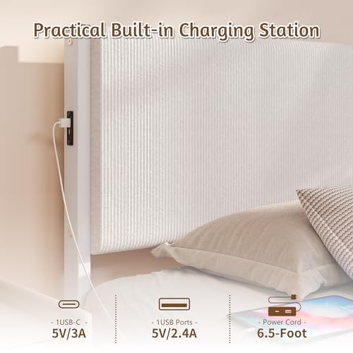 Twin Floating Bed Frame with Headboard,Twin Size Floating Bed Frame with LED Lights & USB Charging Station,Metal Platform Bed with Strong Slats Support,No Box Spring Needed,Easy Assembly,White JUISSANO