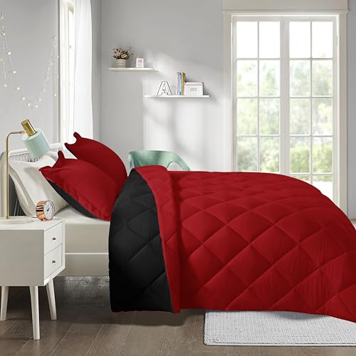 HIG 3pc Red Twin/Twin XL Comforter Set - All Season Reversible Down Alternative Comforter with Sham - Quilted Duvet Insert with Corner Tabs - Diamond Stitched Blanket - Breathable, Soft, Fluffy HIG