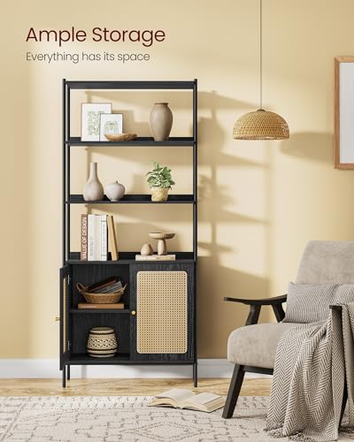 VASAGLE Boho 6-Tier Bookcase with Rattan-Like Door, Adjustable Storage Shelf in Ebony and Matte Black - WoodArtSupply