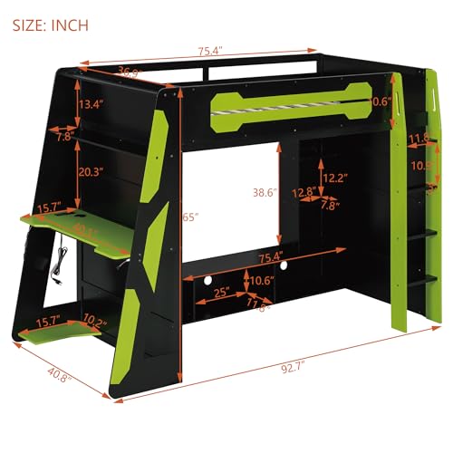 LUMISOL Twin Size Gaming Loft Bed with Desk, RGB LED Lights & Charging Stations, Wood Loft Bed Frame with Storage Bookshelves for Kids, Teens & Adults, Green + Black LUMISOL