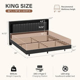 Belffin Floating Bed Frame King Size with LED Lights & Charging Station, Wooden Headboard with Hidden Storage and Faux Leather Backrest, Easy Cleaning, No Box Spring Needed, Noise-Free, Black Belffin