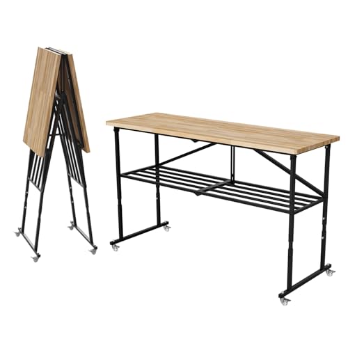 Mulinsonfly 68" Folding Workbench with 1.5" Hardwood Butcher Block Top, Heavy Duty 2000 LBS Garage Work Table with Locking Wheels, Adjustable Height Woodworking Bench for Shop, Office, Crafting Mulinsonfly