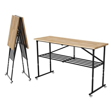 Mulinsonfly 68" Folding Workbench with 1.5" Hardwood Butcher Block Top, Heavy Duty 2000 LBS Garage Work Table with Locking Wheels, Adjustable Height Woodworking Bench for Shop, Office, Crafting Mulinsonfly