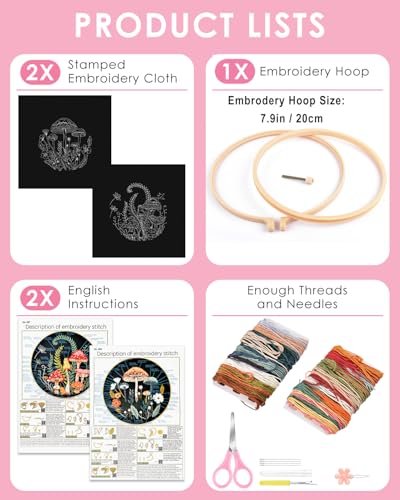 TINDTOP 2 Pack Embroidery Kit for Adult Beginners, Embroidery DIY Starter Kit, with Mushroom Stamped Patterns, Hoop, Tools, Colorful Threads with Needles, Instructions TINDTOP