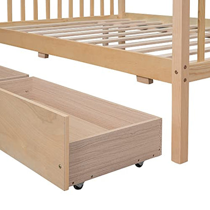 BOVZA Full Size Wooden House Bed with Storage Drawers for Kids - Natural Montessori Design