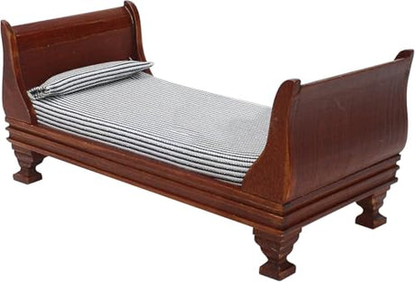 1:12 Scale Doll House Miniature Single Bed with Bedding Fabric & Pillow, Wooden Vintage Victorian European Style Bedroom Furniture Decor Christmas Accessories, Mini Sleigh Bed for 6 Inch Dolls Marsrut