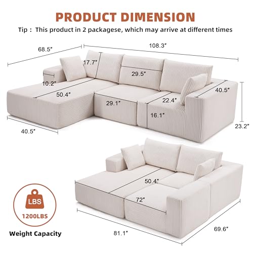 Weture 108” Modular Sectional Sofa, Cloud Sectional Couch with Deep Seat, Modern Modular L-Shape Sofa Couch with Chaise,Upholstered Couches for Living Room Bedroom (Corduroy, Beige)