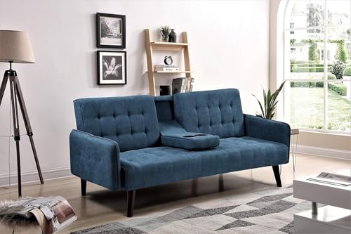 Container Furniture Direct Leno 72" Sleeper Sofa Bed - Convertible Folding Backrest to Full Bed with Cup Holder & Drop-Down Table - Space Saving Linen Sofa for Small Spaces - Easy Assembly, Blue Container Furniture Direct