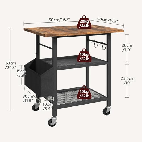 MAHANCRIS 3-Tier Printer Stand, Rolling Printer Table on Wheels, Industrial Storage Stand with Side Pocket, Wooden Tabletop, 2 S-Shaped Hooks, for Home Office, Rustic Brown and Black PTHR2501