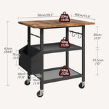 MAHANCRIS 3-Tier Printer Stand, Rolling Printer Table on Wheels, Industrial Storage Stand with Side Pocket, Wooden Tabletop, 2 S-Shaped Hooks, for Home Office, Rustic Brown and Black PTHR2501