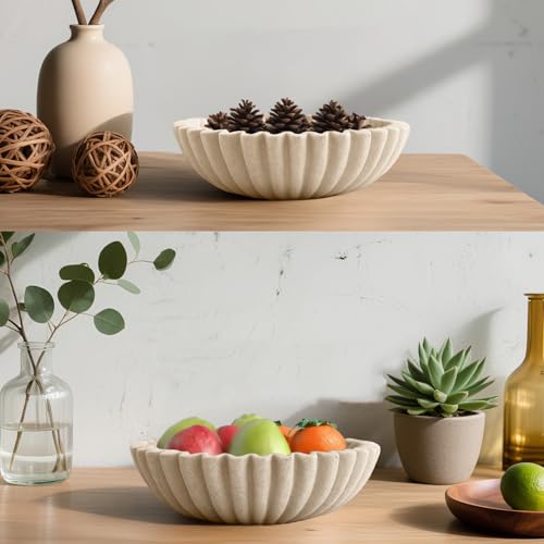 Plukers 10'' Scalloped Decorative Key Bowl for Entryway Coffee Table - Catchall Trinket Large Candy Fruit Purse Holder Kitchen Countertop Console Modern Home Decor, Artificial Stone Beige Plukers