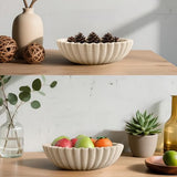 Plukers 10'' Scalloped Decorative Key Bowl for Entryway Coffee Table - Catchall Trinket Large Candy Fruit Purse Holder Kitchen Countertop Console Modern Home Decor, Artificial Stone Beige Plukers