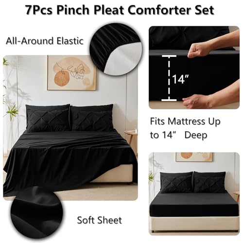 CozyLux Queen Comforter Set Black, 7 Pieces Pintuck Bed in A Bag, Premium Black Comforter Queen Size, Pinch Pleat Bedding Sets with Comforter, Sheets, Pillowcases & Shams CozyLux