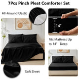 HIMEET Queen Comforter Set 7 Pieces Bed in A Bag Black Luxury Soft Queen Size Bed Set Pintuck Pinch Pleat Bedding Sets with Comforter, Flat Sheet, Fitted Sheet and Pillowcases & Shams HIMEET