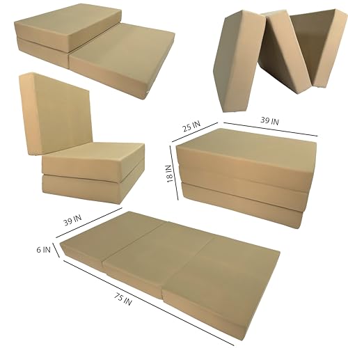 D&D Futon Furniture Tan Twin Size Shikibuton Trifold Foam Beds 6 x 39 x 75, 1.8 lbs high Density Foam, Folding Mattresses D&D Futon Furniture