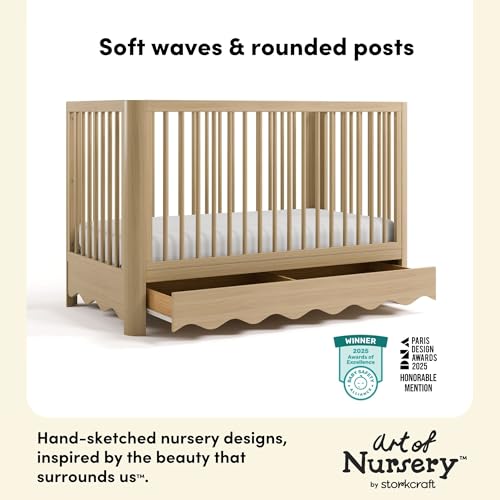 Storkcraft Casablanca Convertible Crib with Drawer and Toddler Guardrail (Driftwood) – GREENGUARD Gold Certified, Toddler Bed Conversion Kit Included, Fits Standard Crib Mattress, Crib with Storage