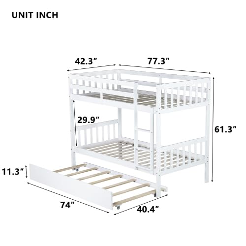 PVWIIK Twin Over Twin Bunk Bed with Trundle and Convertible to Two Beds,Wood Bed Frame w/Safety Guardrail for Dorm,Bedroom,Guest Room,No Box Spring Needed,White PVWIIK