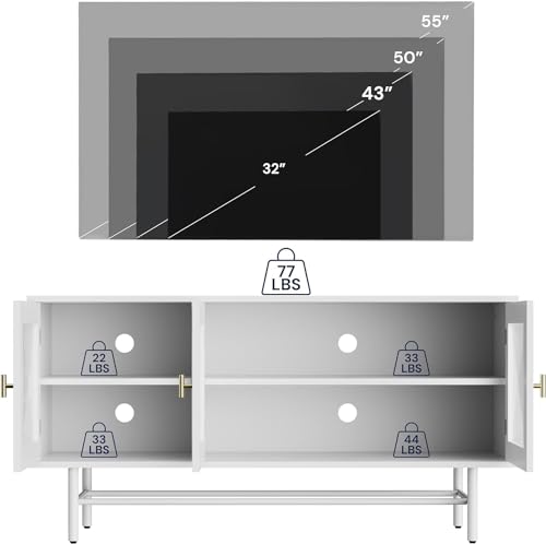 Cozy Castle TV Stand for 50 55 Inch TVs, Modern Entertainment Center with Acrylic Doors Storage, Mesa para TV with Metal and Wood, Modern TV Console for Living Room, Bedroom, White