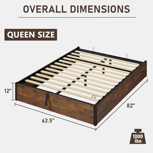 LUXOAK Queen Size Lift Up Storage Platform Bed Frame, Metal Bed Frame with Wooden Slats Support, No Box Spring Needed, Large Storage Space, Noise Free, Easy Assembly, Rustic Brown LUXOAK