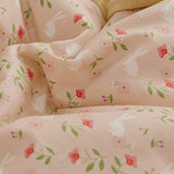 BlueBlue Rabbit Duvet Cover Set Twin 100% Cotton Bedding for Kids Boys Girls Teens Single Bed Cartoon Bunny Garden Floral on Pink 1 Reversible Check Comforter Cover with Zipper Ties 2 Pillowcases BlueBlue