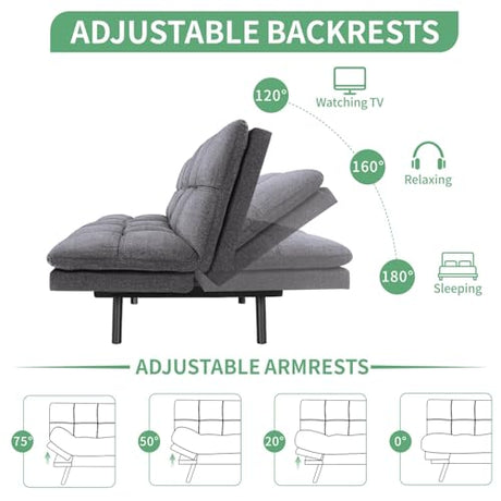 MUUEGM 71" Futon Sofa Bed, Convertible Couch Filled with Memory Foam, Modern Loveseat with Adjustable Backrest&Armrest, Sofas for Living Room,Game Room,Dormitory,Office.Grey Fabric MUUEGM