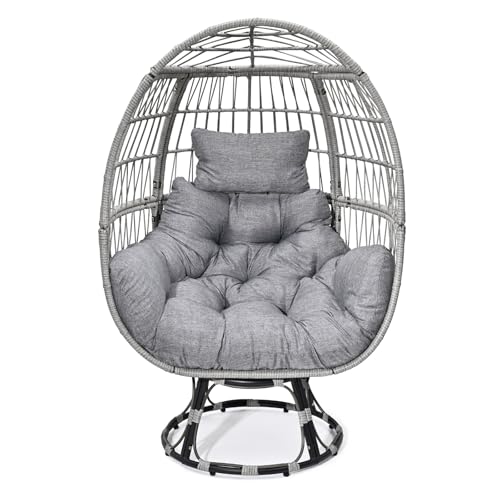 Gijvbeoz Swivel Wicker Egg Chair, Oversized Indoor Outdoor Lounger for Backyard, Patio, Living Room with Cushion, Steel Frame, 330lb Capacity, Gray Gijvbeoz