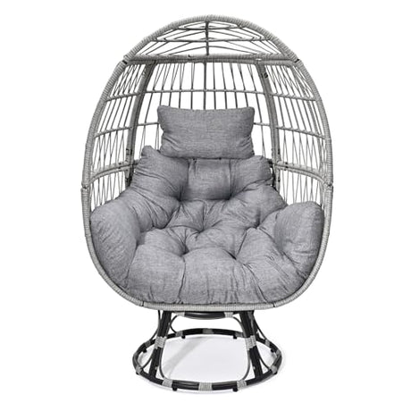 Gijvbeoz Swivel Wicker Egg Chair, Oversized Indoor Outdoor Lounger for Backyard, Patio, Living Room with Cushion, Steel Frame, 330lb Capacity, Gray Gijvbeoz