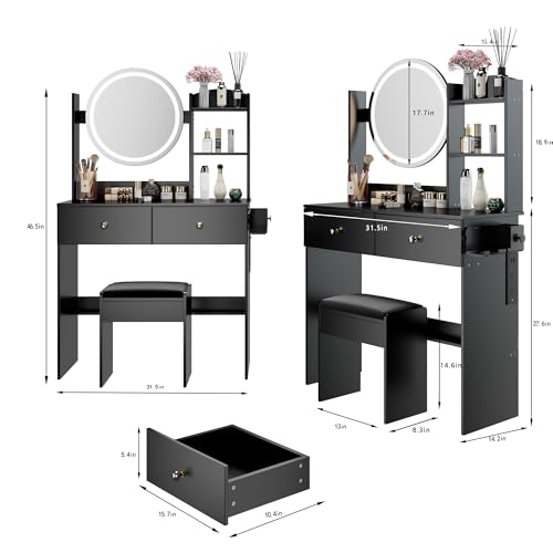 Montary 31.5" Compact Vanity Desk Set with Soft Cushion Stool, 2 AC & 2 USB Power Outlets, Hair Dryer Holder, Large Mirror, Adjustable LED Light, Drawers, Multi - Layer/Hidden Storage, Black Montary