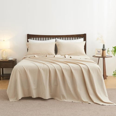 Simple&Opulence Belgian Linen Sheet Set Solid Color - 4 Pieces (1 Flat Sheet, 1 Fitted Sheet & 2 Pillowcases) Natural Flax Cotton Blend Soft Breathable Farmhouse Bedding - Full Size, Linen/Beige Simple&Opulence