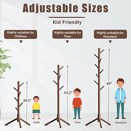 Haddockway Wooden Coat Rack Stand with 8 Hooks New Zealand Pine 3 Adjustable Coat Standing Tree Easy Assembly for Coats, Hats, Scarves and Handbags for Entryway, Hallway, Bedroom, Office Haddockway