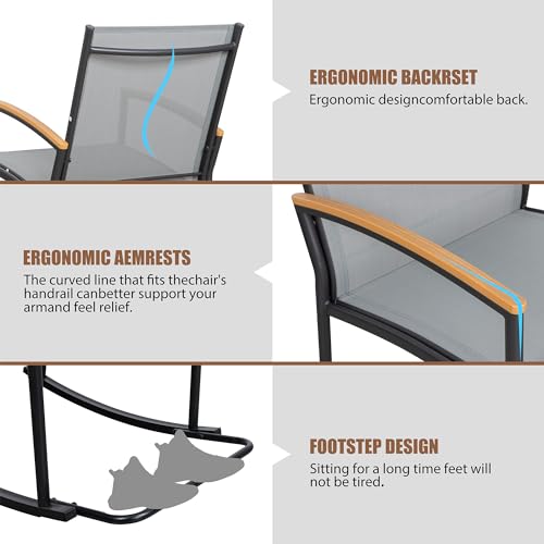 Shintenchi 3 Piece Outdoor Rocking Bistro Set, Textilene Fabric Small Patio Furniture Set, Front Porch Rocker Chairs Conversation Set with Table for Lawn, Garden, Balcony, Poolside (Light Gray) Shintenchi