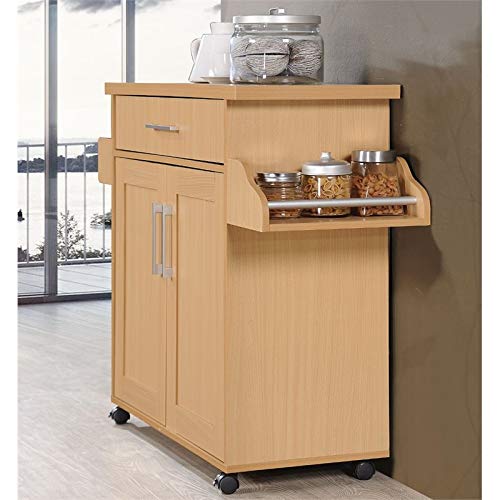 Pemberly Row Contemporary Wood Kitchen Island with Spice Rack in Beige - WoodArtSupply