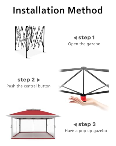 12x12FT Pop Up Gazebo, Instant Backyard Canopy Tent with Mosquito Net & Double Roof, Pop-Up Gazebo Canopies Adjustable Height for Patio, Party, Red SunnyFurn