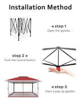 12x12FT Pop Up Gazebo, Instant Backyard Canopy Tent with Mosquito Net & Double Roof, Pop-Up Gazebo Canopies Adjustable Height for Patio, Party, Red SunnyFurn