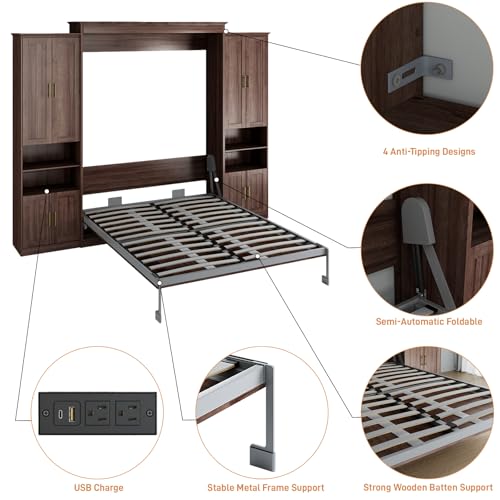 Rophefx Murphy Bed Queen with 2 Side Cabinet Storage Shelves, Queen Wall Bed Cabinet with USB Port, Wood Foldable Platform Bed Frame, Space Saving Beds, Modern Hidden Bed for Guest Room, Home, Walnut Rophefx