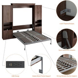 Rophefx Murphy Bed Queen with 2 Side Cabinet Storage Shelves, Queen Wall Bed Cabinet with USB Port, Wood Foldable Platform Bed Frame, Space Saving Beds, Modern Hidden Bed for Guest Room, Home, Walnut Rophefx